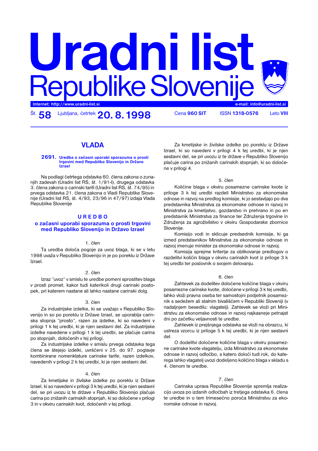 Uradni List Republike Slovenije Internet: E-Mail: Info@Uradni-List.Si Št