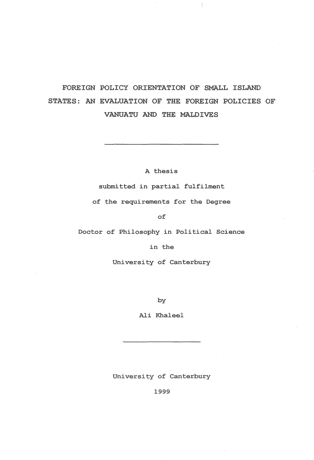 Foreign Policy Orientation of Small Island States: an Evaluation of the Foreign Policies of Vanuatu and the Maldives