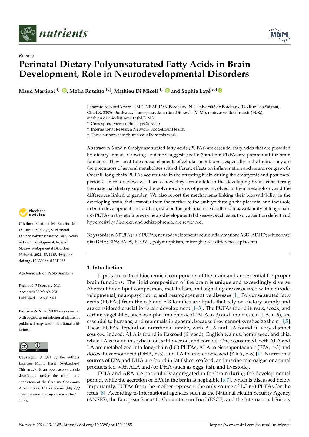 Perinatal Dietary Polyunsaturated Fatty Acids in Brain Development, Role in Neurodevelopmental Disorders