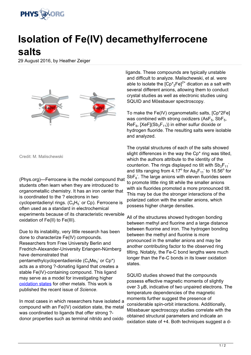 Isolation of Fe(IV) Decamethylferrocene Salts 29 August 2016, by Heather Zeiger