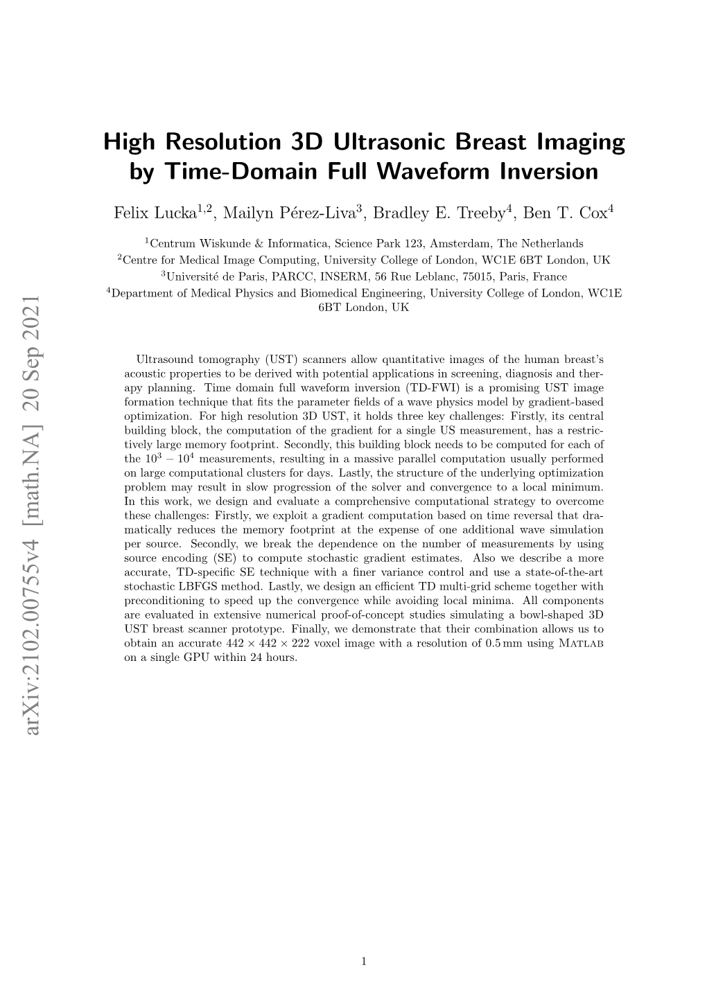 High Resolution 3D Ultrasonic Breast Imaging by Time-Domain Full Waveform Inversion