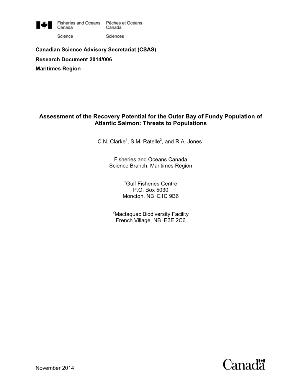 Assessment of the Recovery Potential for the Outer Bay of Fundy Population of Atlantic Salmon: Threats to Populations