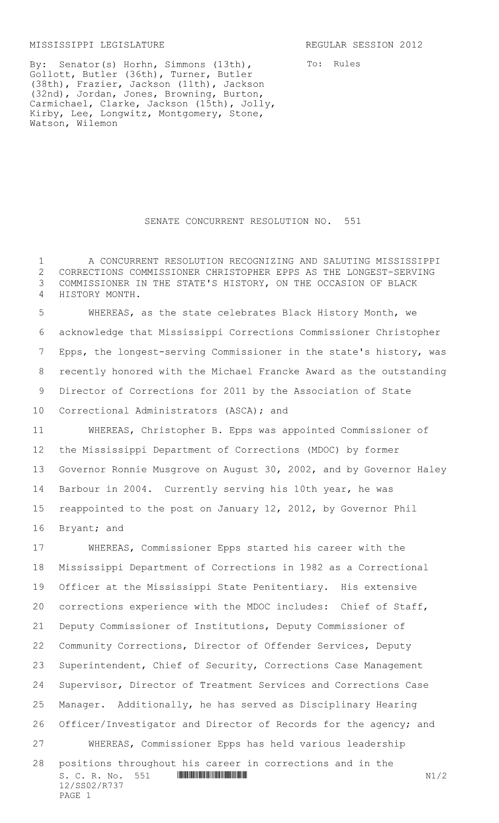 MISSISSIPPI LEGISLATURE REGULAR SESSION 2012 By: Senator(S) Horhn, Simmons (13Th), Gollott, Butler (36Th), Turner, Butler