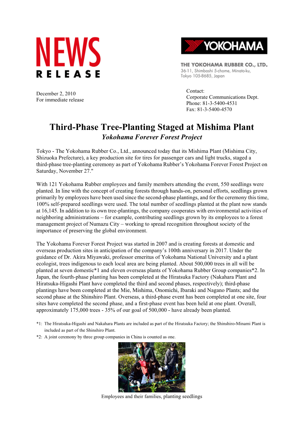 Third-Phase Tree-Planting Staged at Mishima Plant Yokohama Forever Forest Project