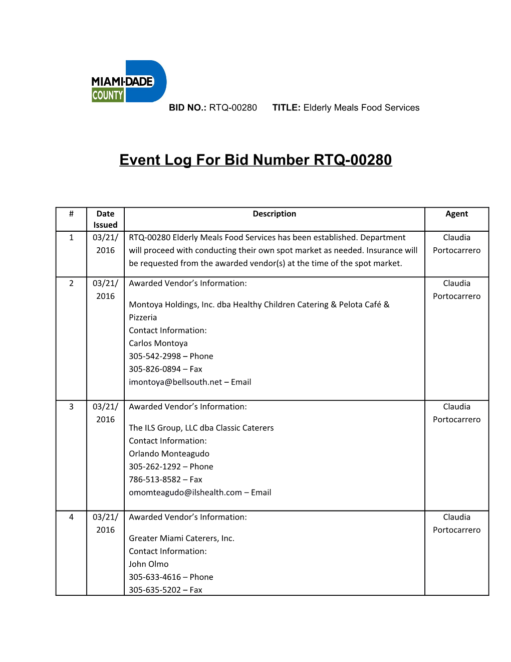 BID NO.: RTQ-00280 TITLE: Elderly Meals Food Services