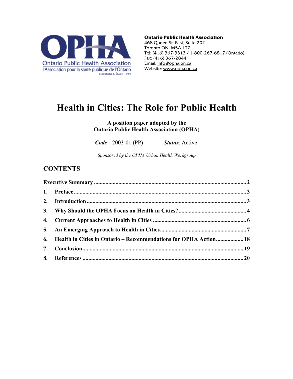 Health in Cities: the Role for Public Health