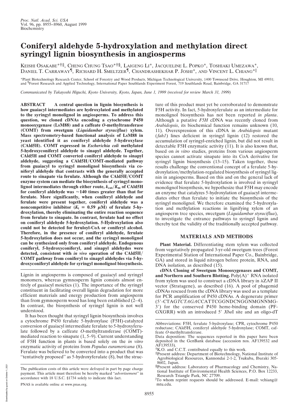 Coniferyl Aldehyde 5-Hydroxylation and Methylation Direct Syringyl Lignin Biosynthesis in Angiosperms