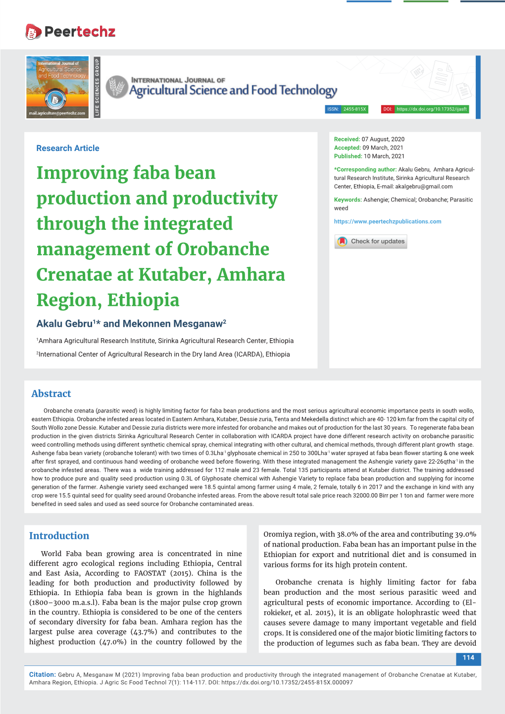 Improving Faba Bean Production and Productivity Through the Integrated Management of Orobanche Crenatae at Kutaber, Amhara Region, Ethiopia