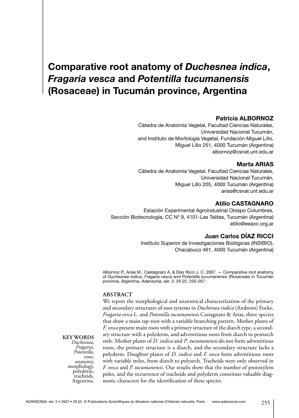 Comparative Root Anatomy of Duchesnea Indica, Fragaria Vesca and Potentilla Tucumanensis (Rosaceae) in Tucumán Province, Argentina