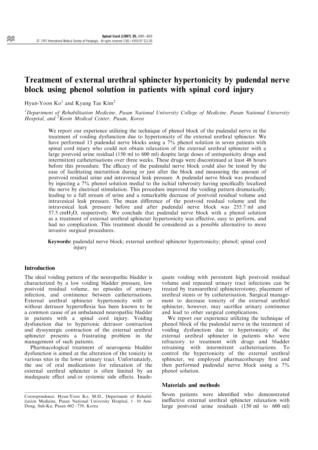 Treatment of External Urethral Sphincter Hypertonicity by Pudendal Nerve Block Using Phenol Solution in Patients with Spinal Cord Injury