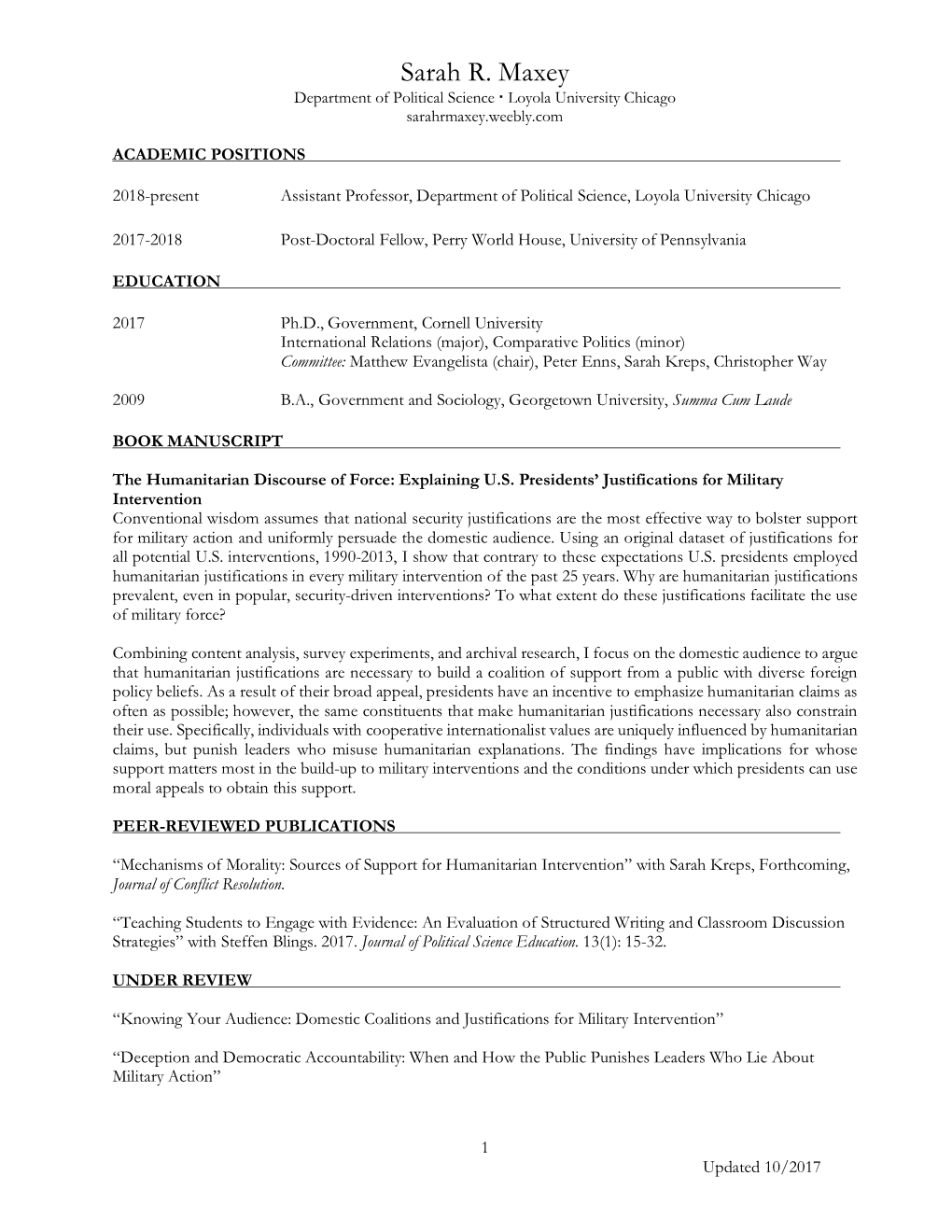 Sarah R. Maxey Department of Political Science Loyola University Chicago Sarahrmaxey.Weebly.Com