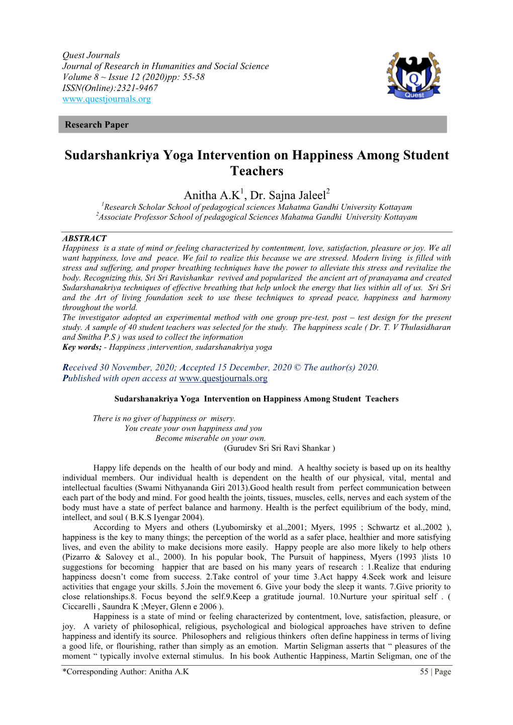 Sudarshankriya Yoga Intervention on Happiness Among Student Teachers