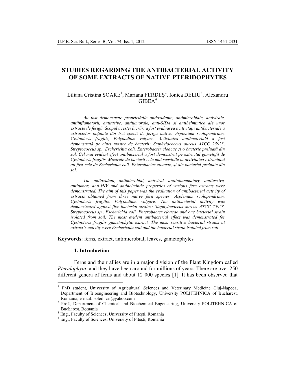 Studies Regarding the Antibacterial Activity of Some Extracts of Native Pteridophytes