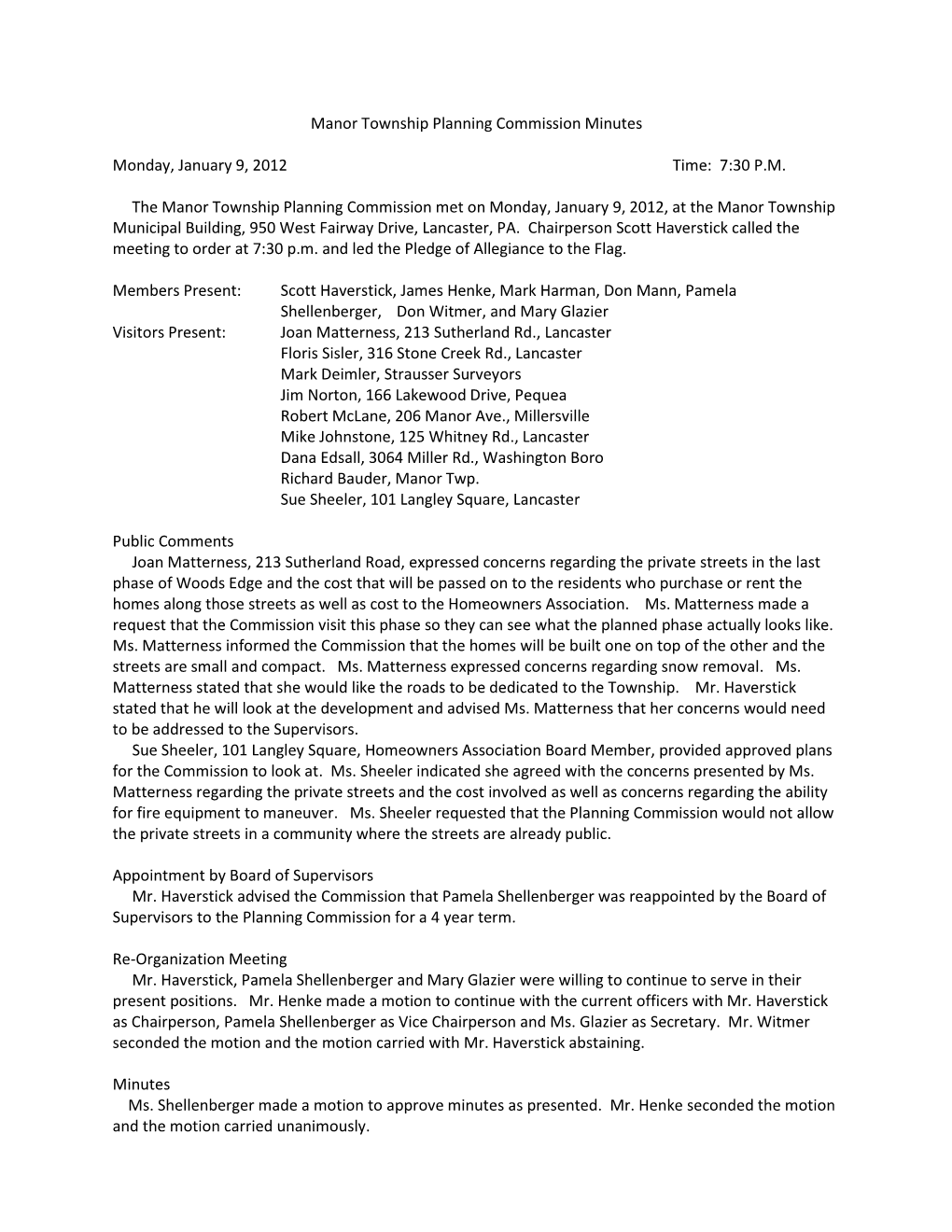 Manor Township Planning Commission Minutes Monday, June 11, 2012 Time: 7:30 P.M