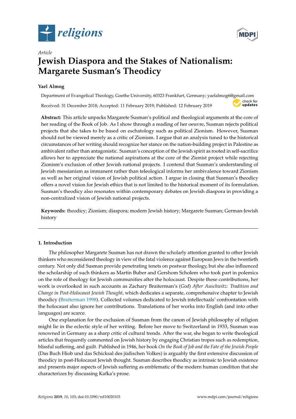 Jewish Diaspora and the Stakes of Nationalism: Margarete Susman’S Theodicy