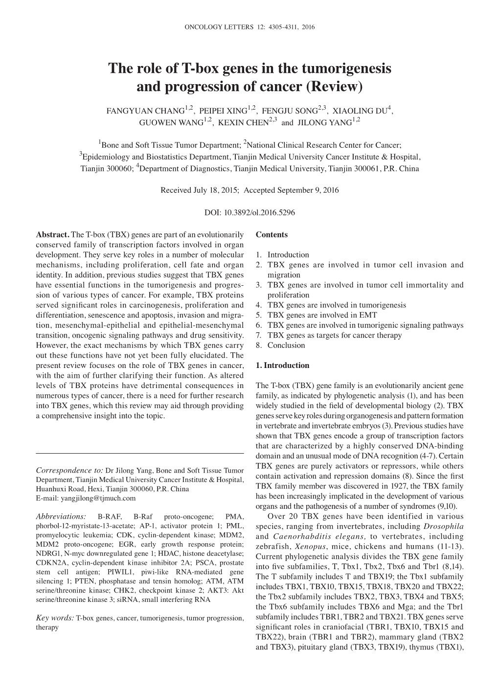 The Role of T‑Box Genes in the Tumorigenesis and Progression of Cancer (Review)