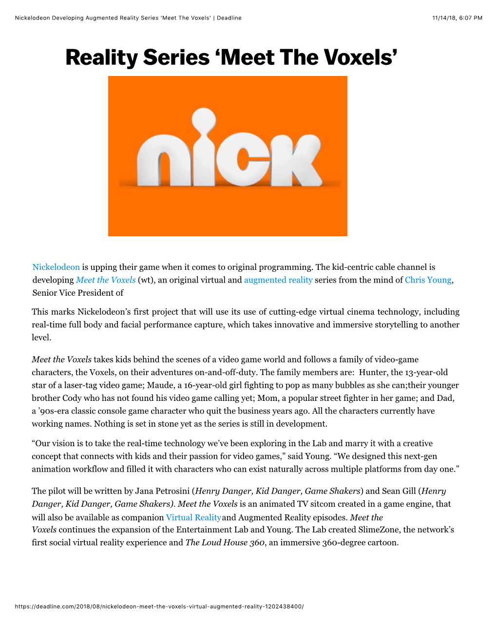 Nickelodeon Developing Augmented Reality Series ‘Meet the Voxels’ | Deadline 11/14/18, 6:07 PM