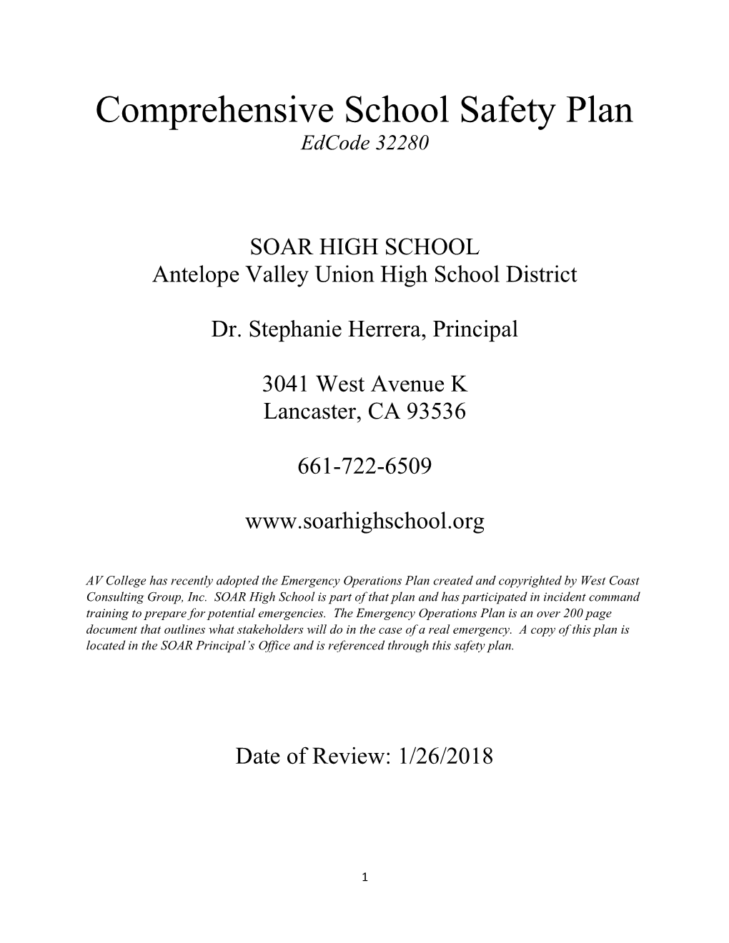 SOAR High School Site Safety Plan