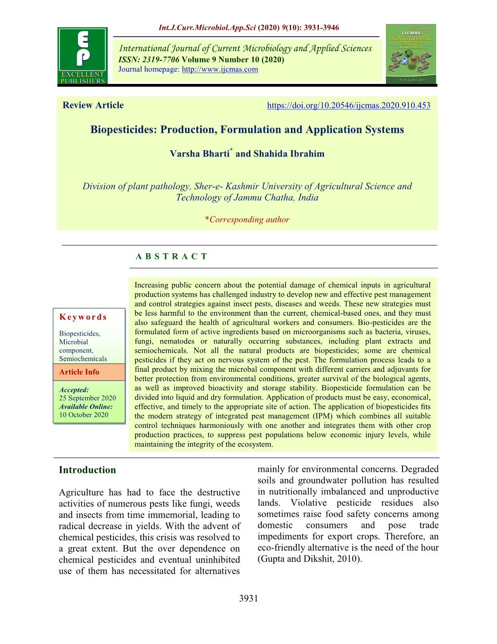 Biopesticides: Production, Formulation and Application Systems