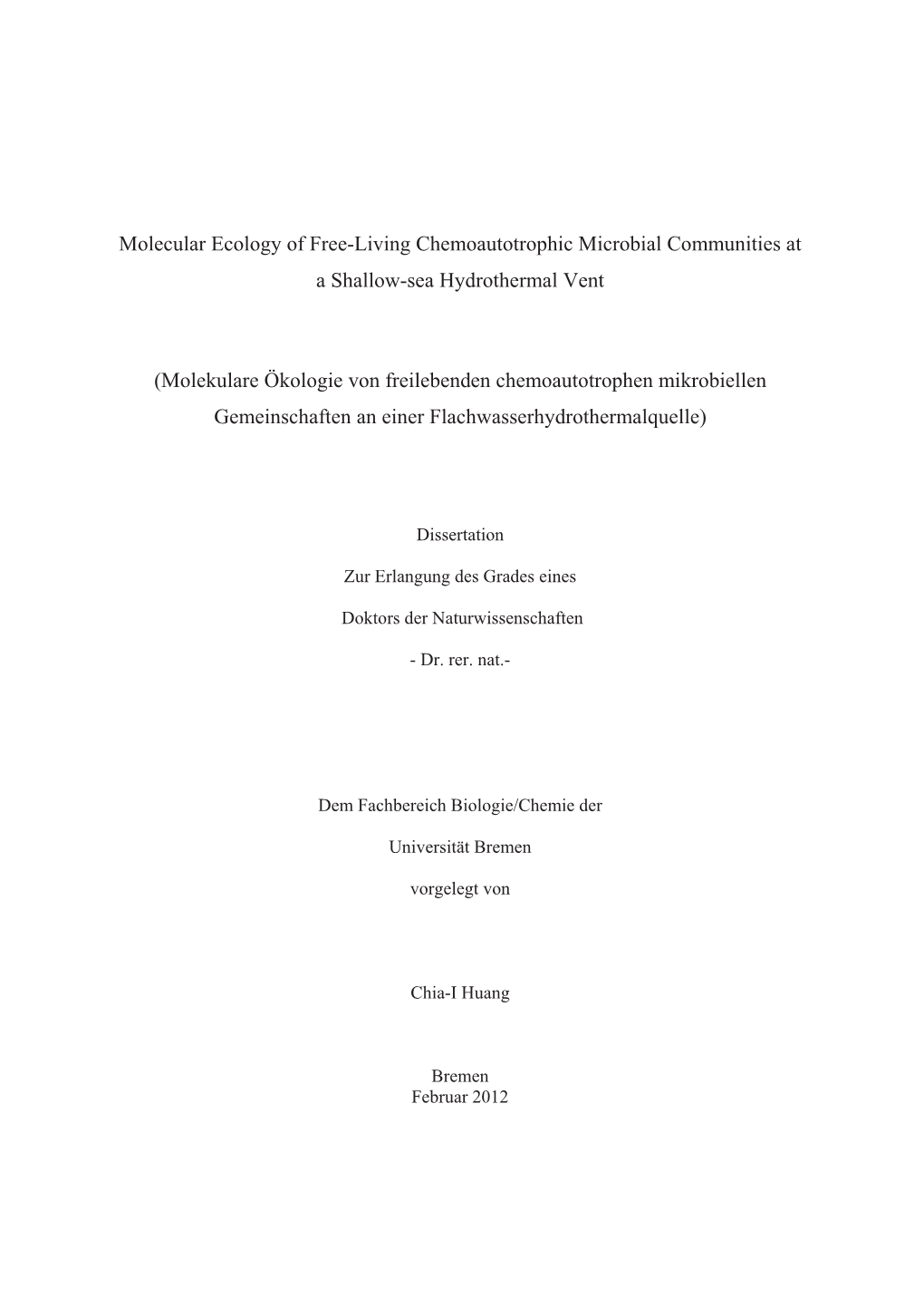 Molecular Ecology of Free-Living Chemoautotrophic Microbial Communities at a Shallow-Sea Hydrothermal Vent