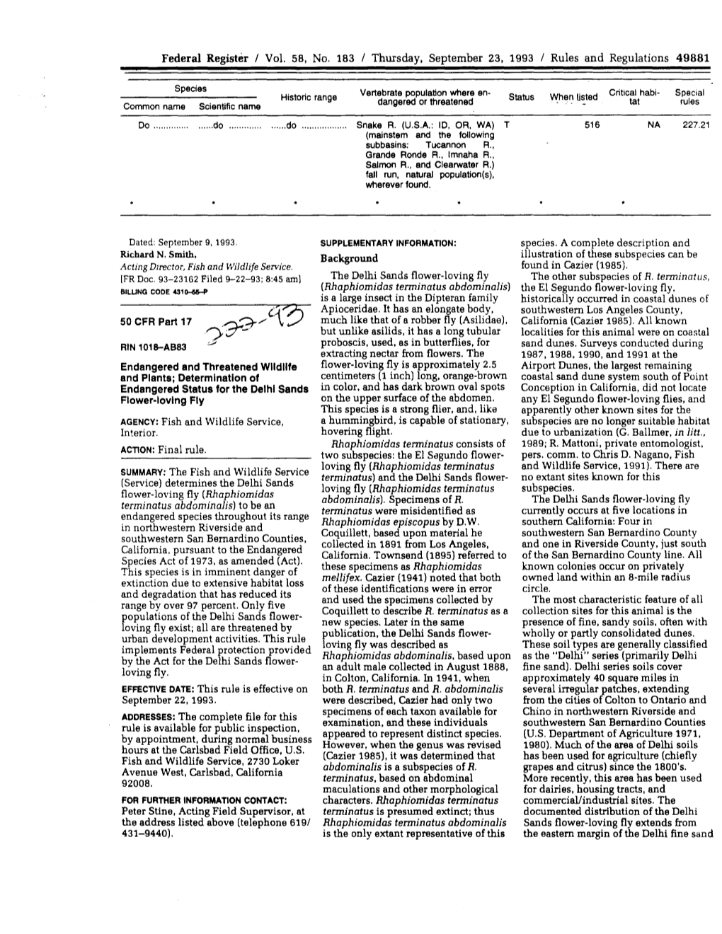 Federal Register / Vol. 58, No. 163 / Thursday, September 23, 1993 / Rules and Regulations 49881 Endangered and Threatened Wildl