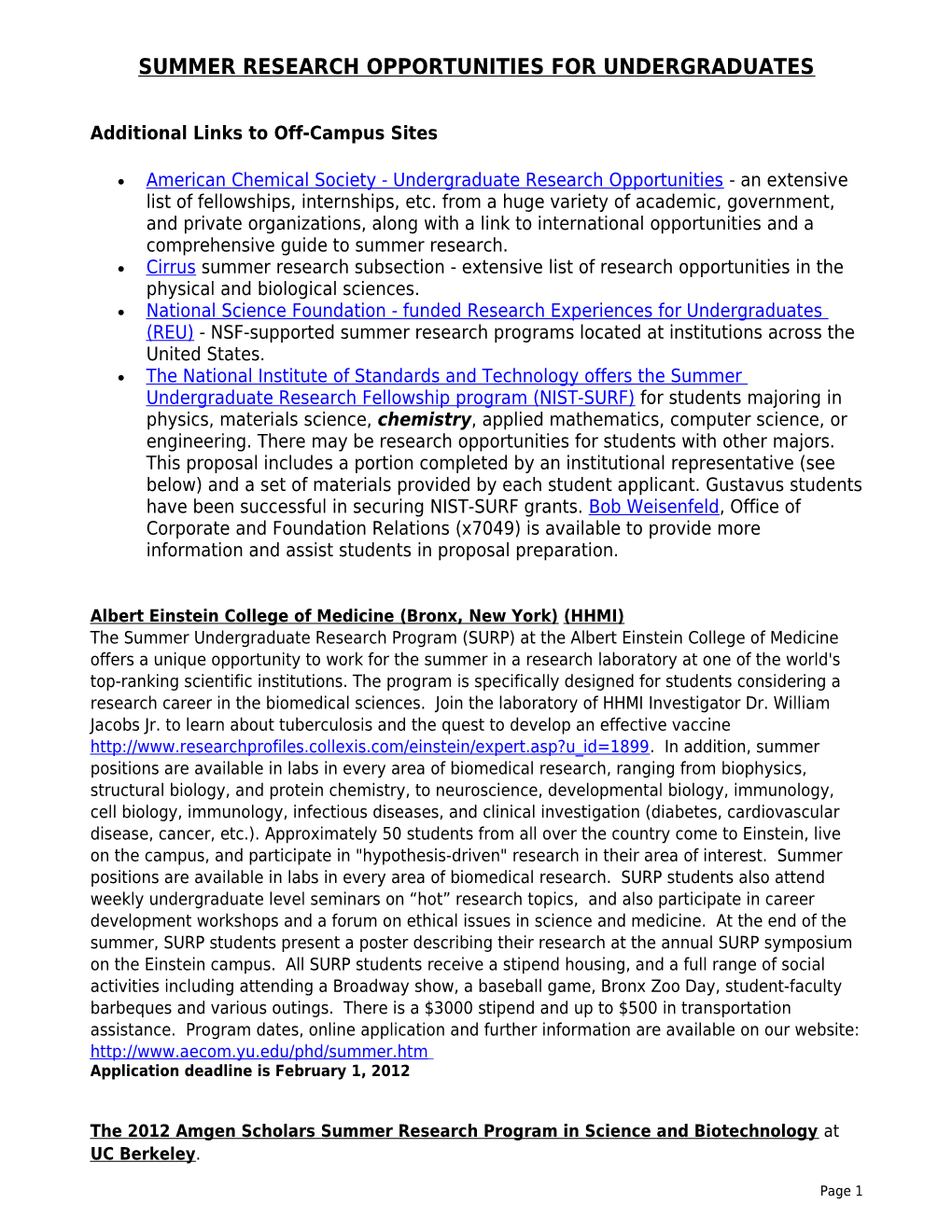 Summer Research Opportunities for Undergraduates