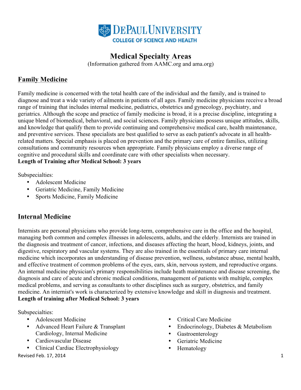 Medical Specialty Areas (Information Gathered from AAMC.Org and Ama.Org)