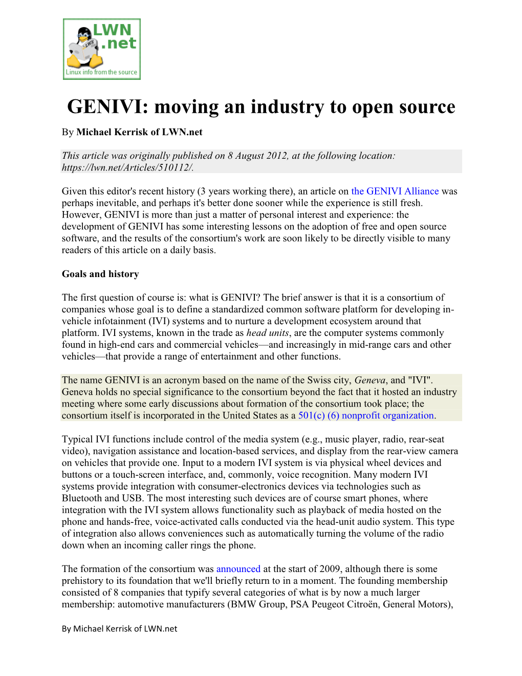 GENIVI: Moving an Industry to Open Source by Michael Kerrisk of LWN.Net