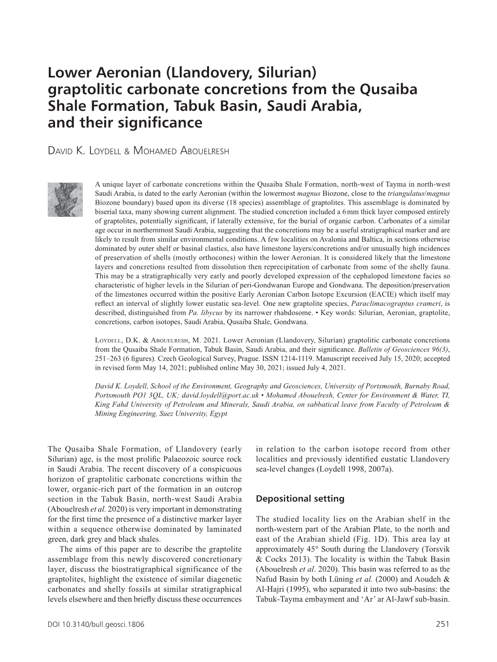 Lower Aeronian (Llandovery, Silurian) Graptolitic Carbonate Concretions from the Qusaiba Shale Formation, Tabuk Basin, Saudi Arabia, and Their Significance