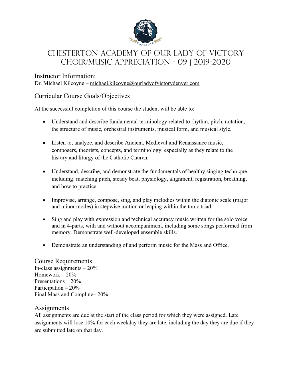 Chesterton Academy of Our Lady of Victory Choir/Music Appreciation - 09 | 2019-2020