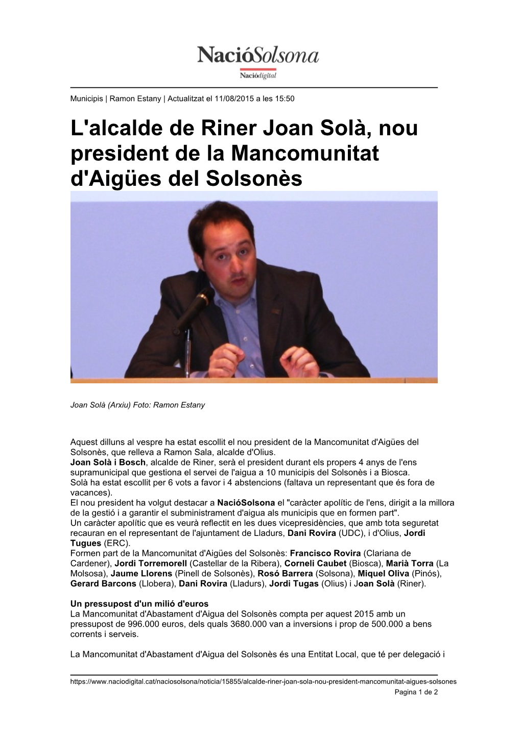 L'alcalde De Riner Joan Solà, Nou President De La Mancomunitat D'aigües Del Solsonès