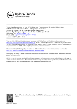 Toward an Explanation of the UFO Abduction Phenomenon: Hypnotic Elaboration, Extraterrestrial Sadomasochism, and Spurious Memories Author(S): Leonard S