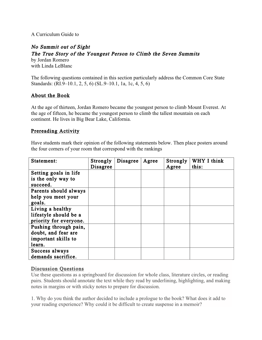 A Curriculum Guide to No Summit out of Sight the True Story of The