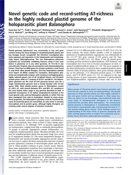 Novel Genetic Code and Record-Setting AT-Richness in the Highly Reduced Plastid Genome of the Holoparasitic Plant Balanophora