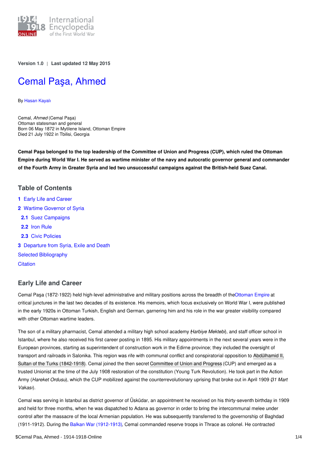 Cemal Paşa, Ahmed | International Encyclopedia of the First World