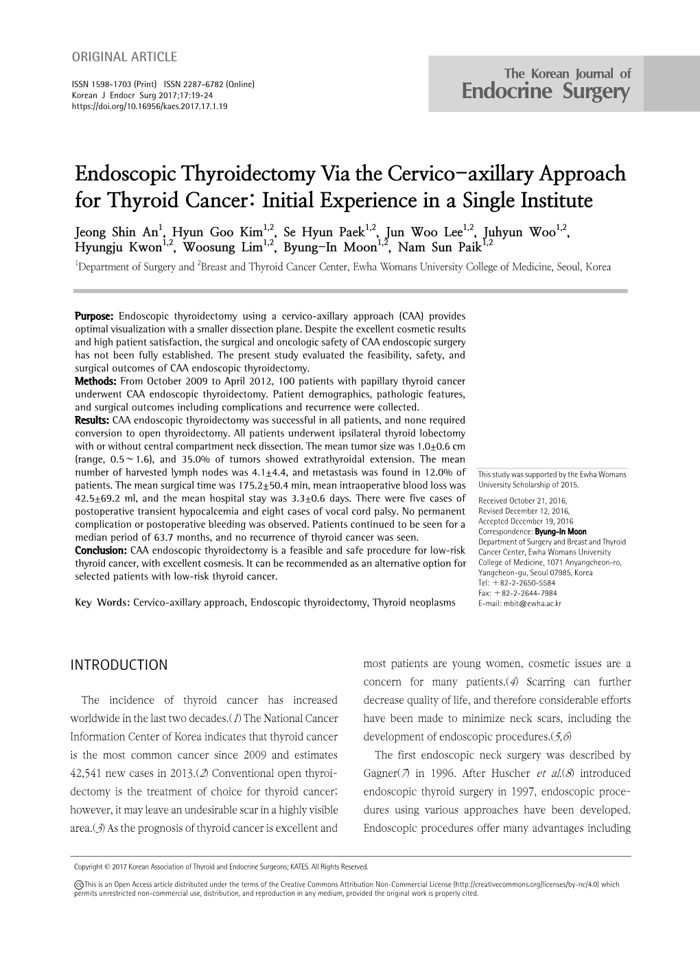 Endoscopic Thyroidectomy Via the Cervico-Axillary Approach for Thyroid Cancer: Initial Experience in a Single Institute