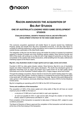 Nacon Announces the Acquisition of Big Ant Studios One of Australia’S Leading Video Game Development Studios