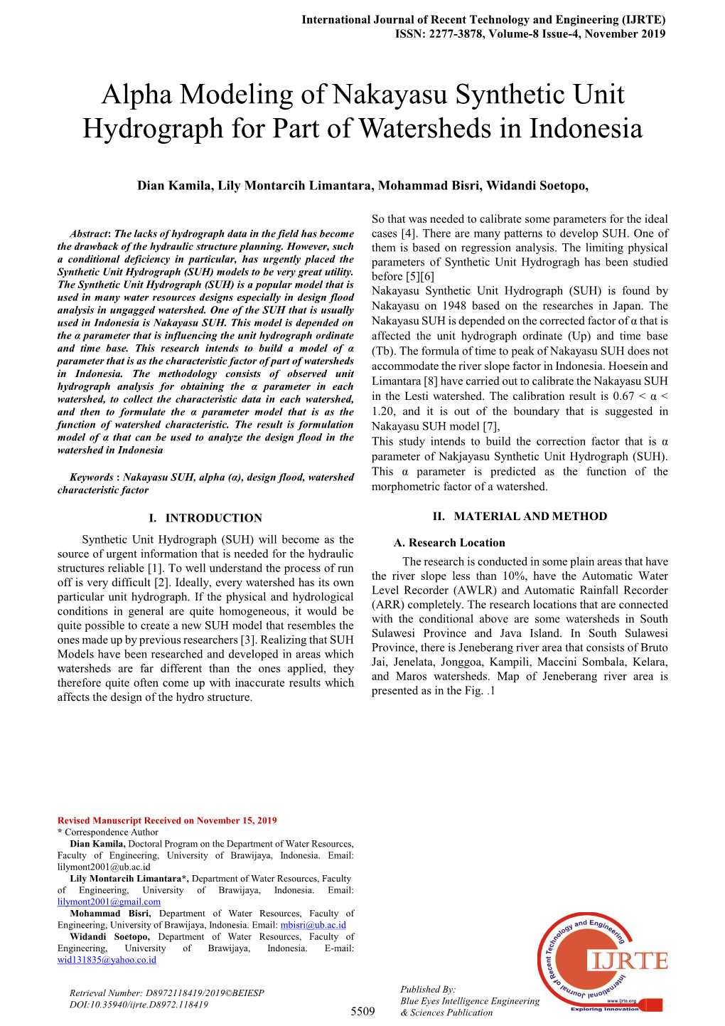 Alpha Modeling of Nakayasu Synthetic Unit Hydrograph for Part of Watersheds in Indonesia