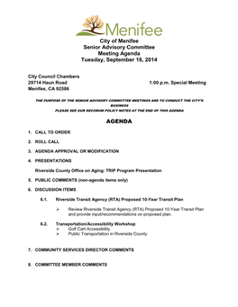 City of Menifee Senior Advisory Committee Meeting Agenda Tuesday, September 16, 2014