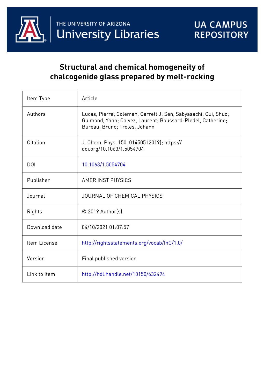 Structural and Chemical Homogeneity of Chalcogenide Glass Prepared by Melt-Rocking