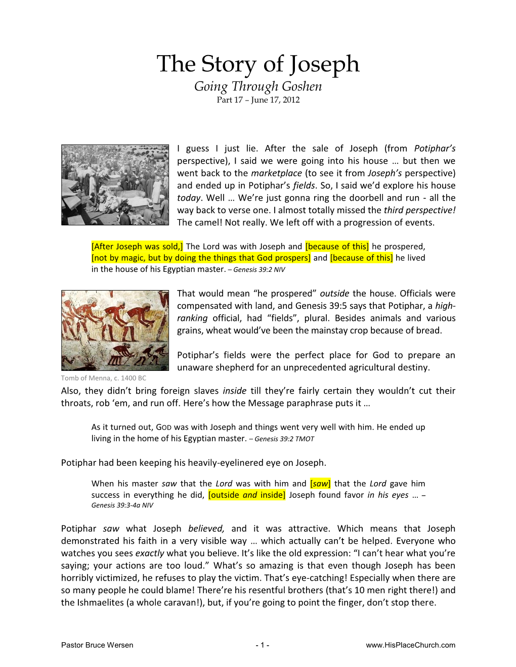 The Story of Joseph Going Through Goshen Part 17 – June 17, 2012