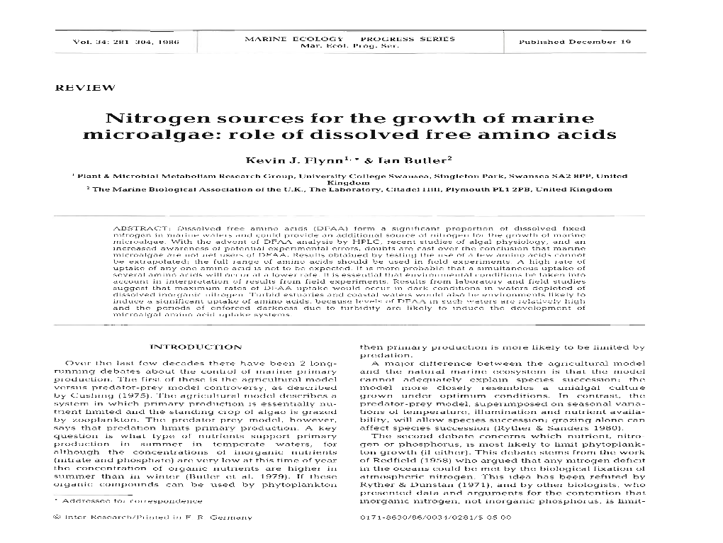 Nitrogen Sources for the Growth of Marine Microalgae: Role of Dissolved Free Amino Acids