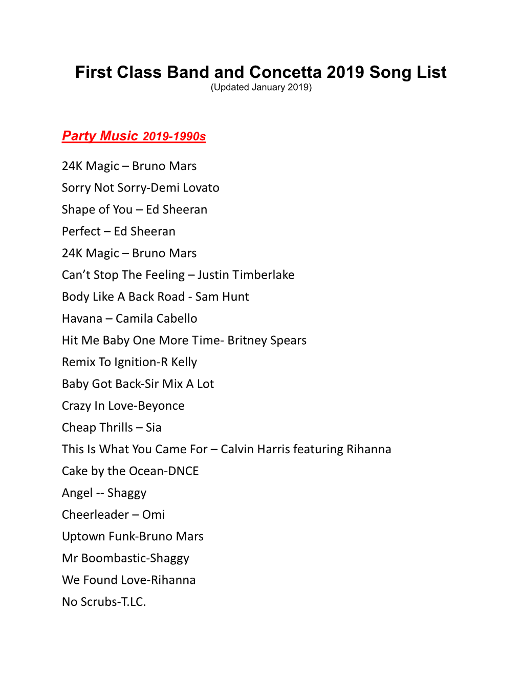 First Class Band and Concetta 2019 Song List (Updated January 2019)