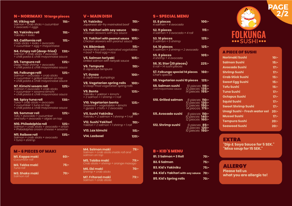 ENGLISH MENU Folkunga Sushi Stockholm 2019