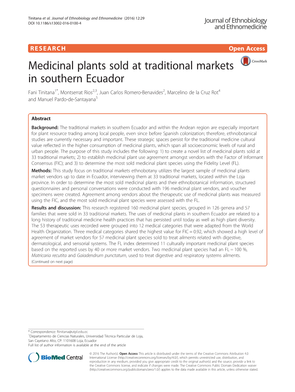 Medicinal Plants Sold at Traditional Markets in Southern Ecuador