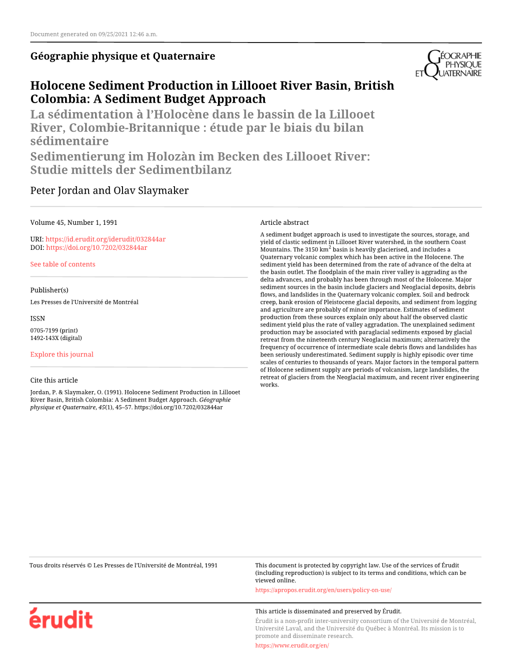 Holocene Sediment Production in Lillooet River Basin, British