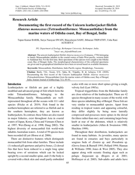 Research Article Documenting the First Record of the Unicorn Leatherjacket Filefish Aluterus Monoceros