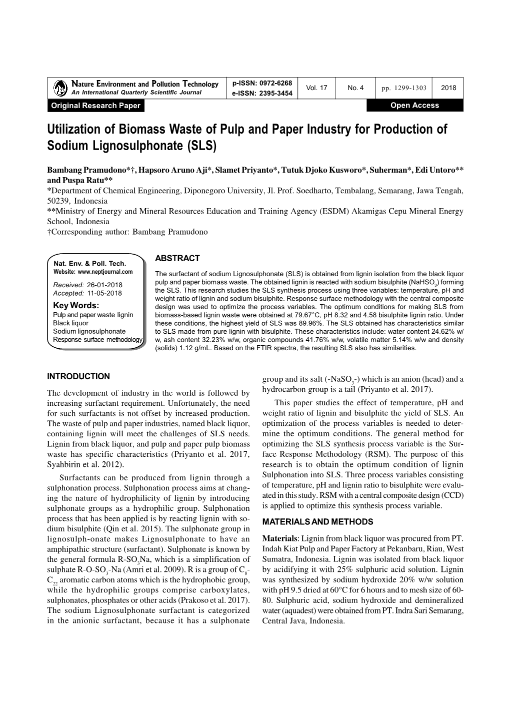 Utilization of Biomass Waste of Pulp and Paper Industry for Production of Sodium Lignosulphonate (SLS)