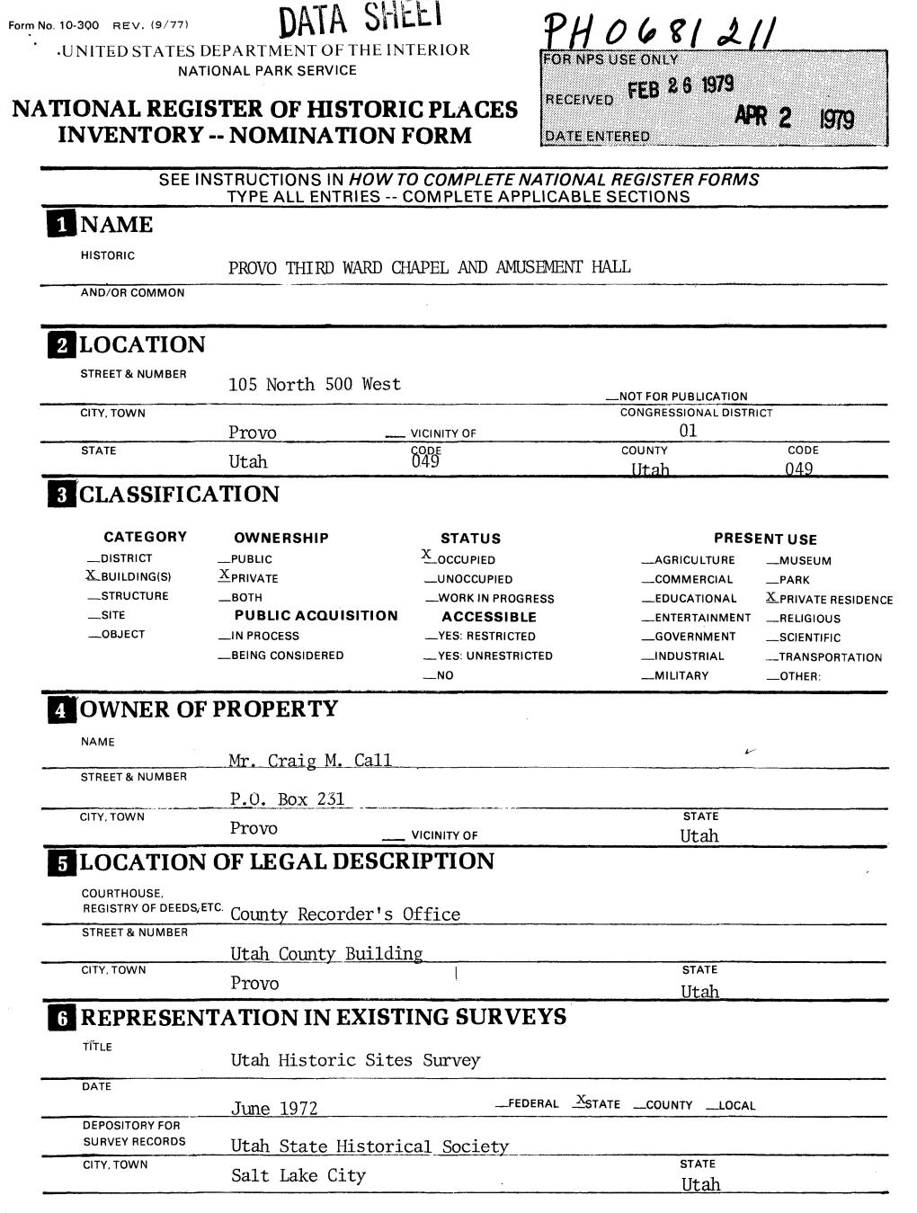 National Register of Historic Places Inventory -- Nomination Form