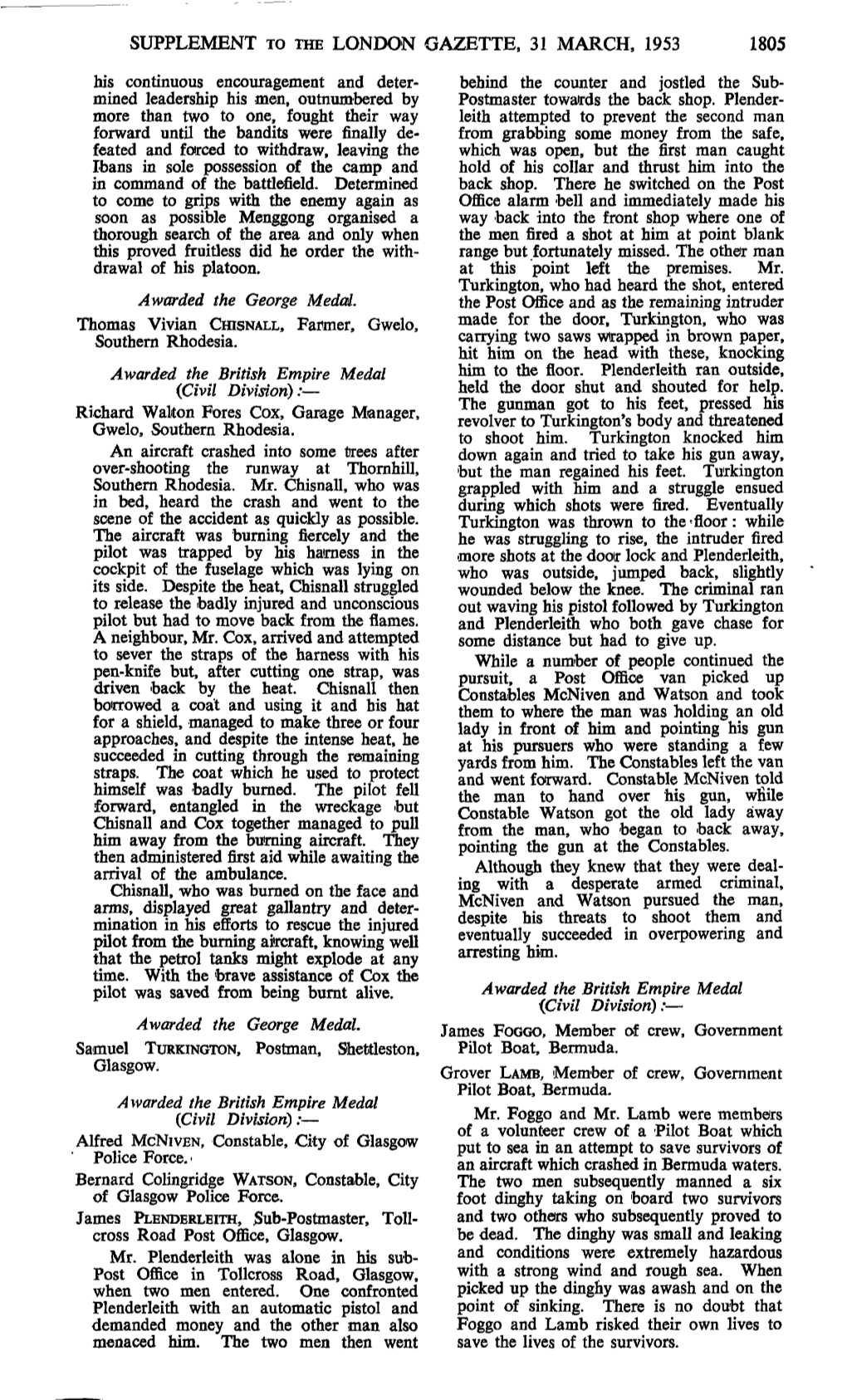 Supplement to the London Gazette, 31 March, 1953 1805